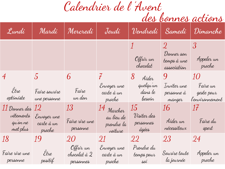 Calendrier de l’Avent DIY bonnes actions Baby note